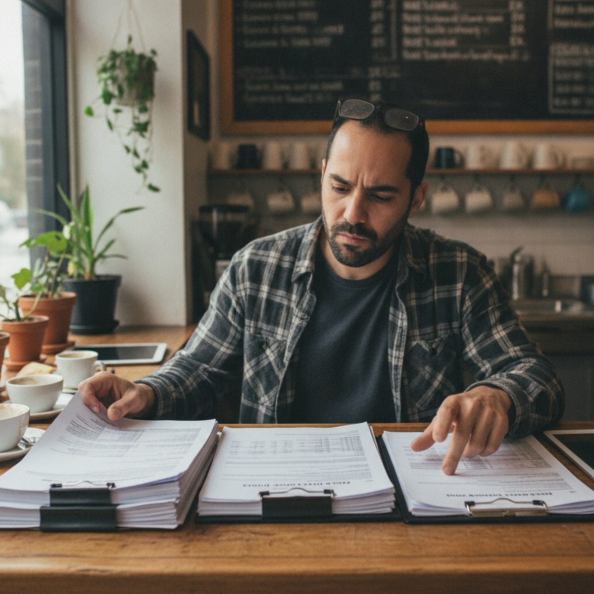 Business owner comparing printed processing statements side by side.