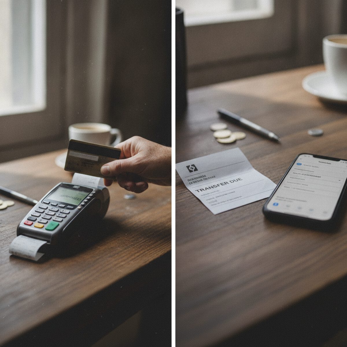 A card tap next to a bank transfer invoice on a checkout counter.