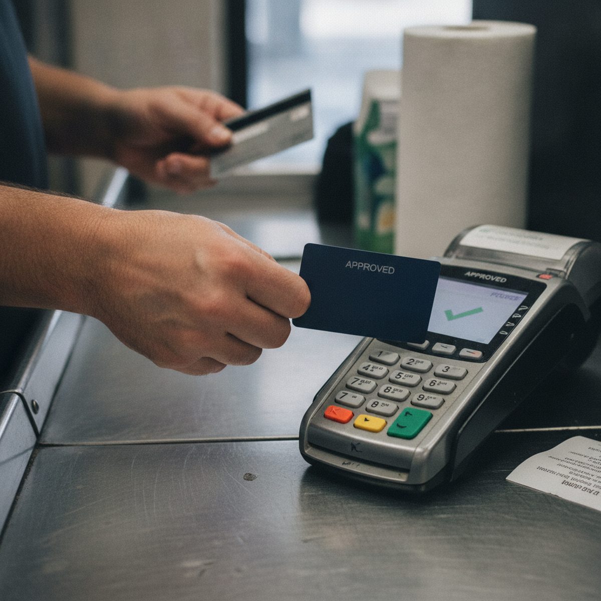 Close-up of a card reader mid-tap at checkout.