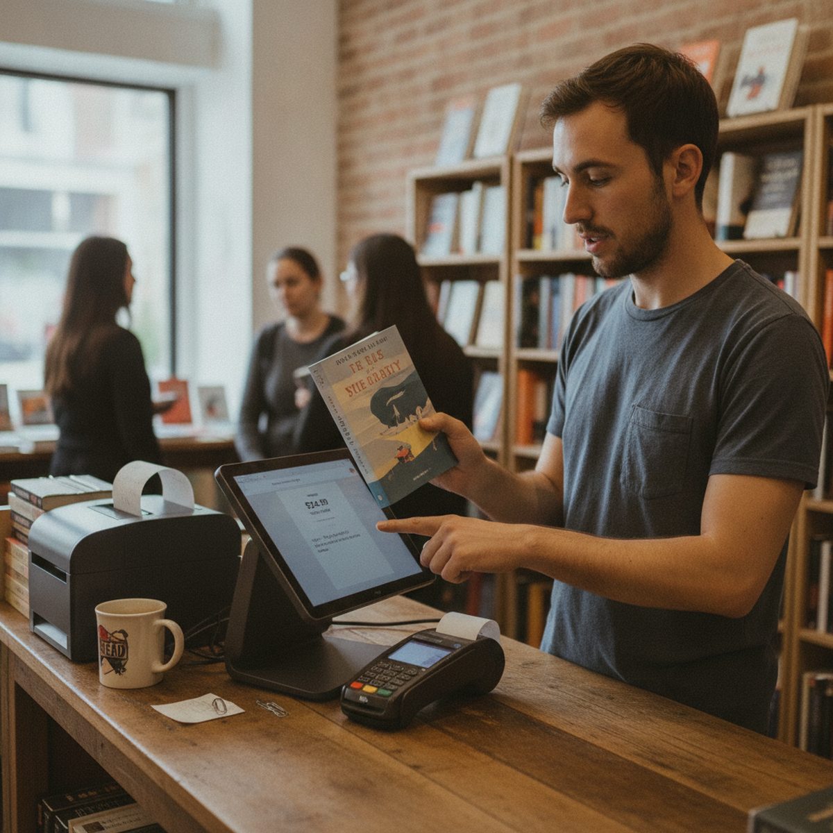 Cashier ringing up a sale on a modern POS terminal.