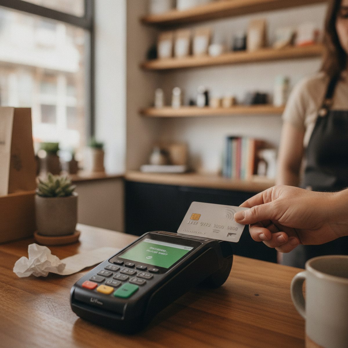 A card tapped on a payment terminal mid-authorization.