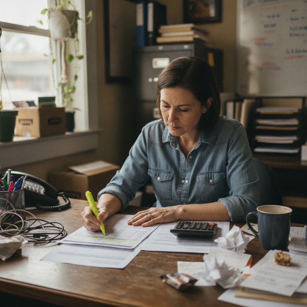 Business owner reviewing a merchant statement with a highlighter and calculator.