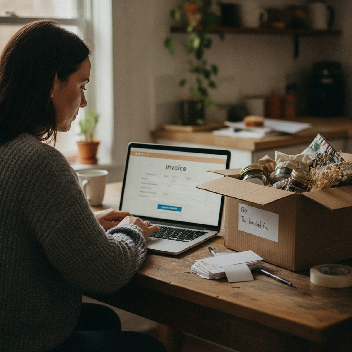 Home-based business owner processing an online order on a laptop beside a packed shipping box.