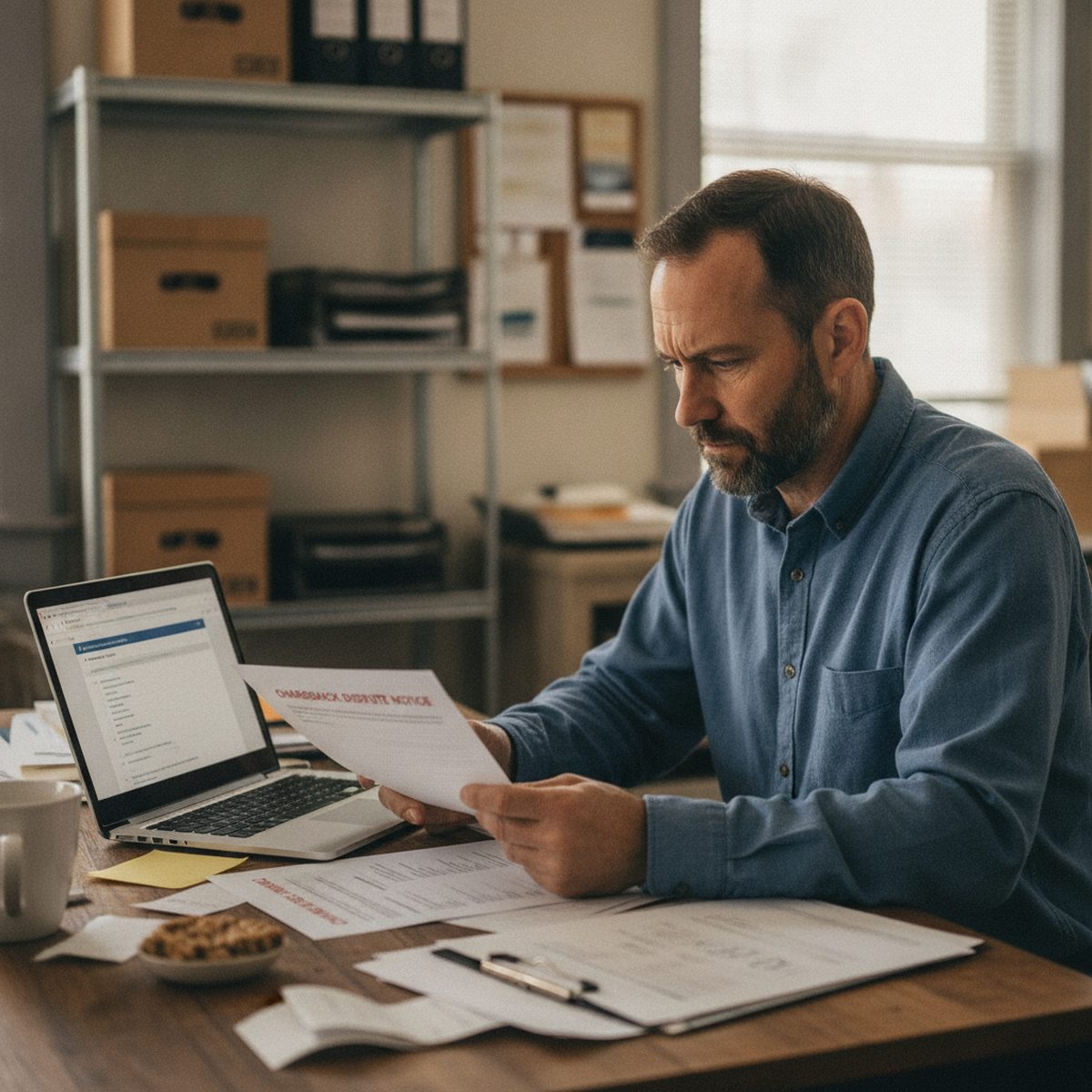 Business owner reviewing a chargeback dispute notice at a desk.