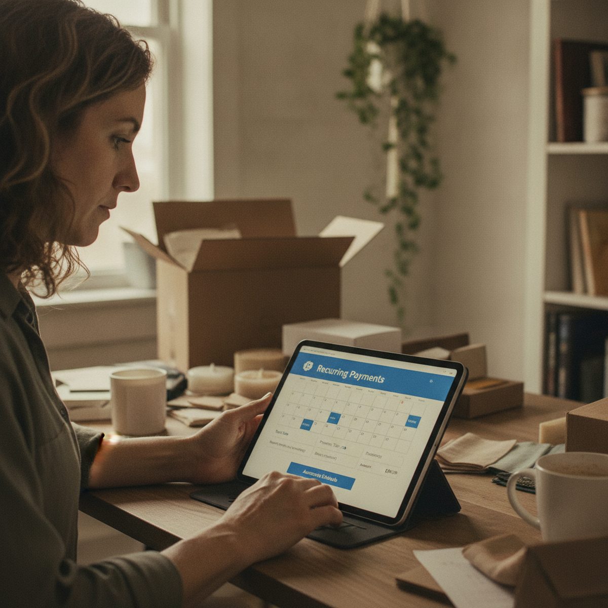 Setting up an automated recurring billing schedule on a laptop.