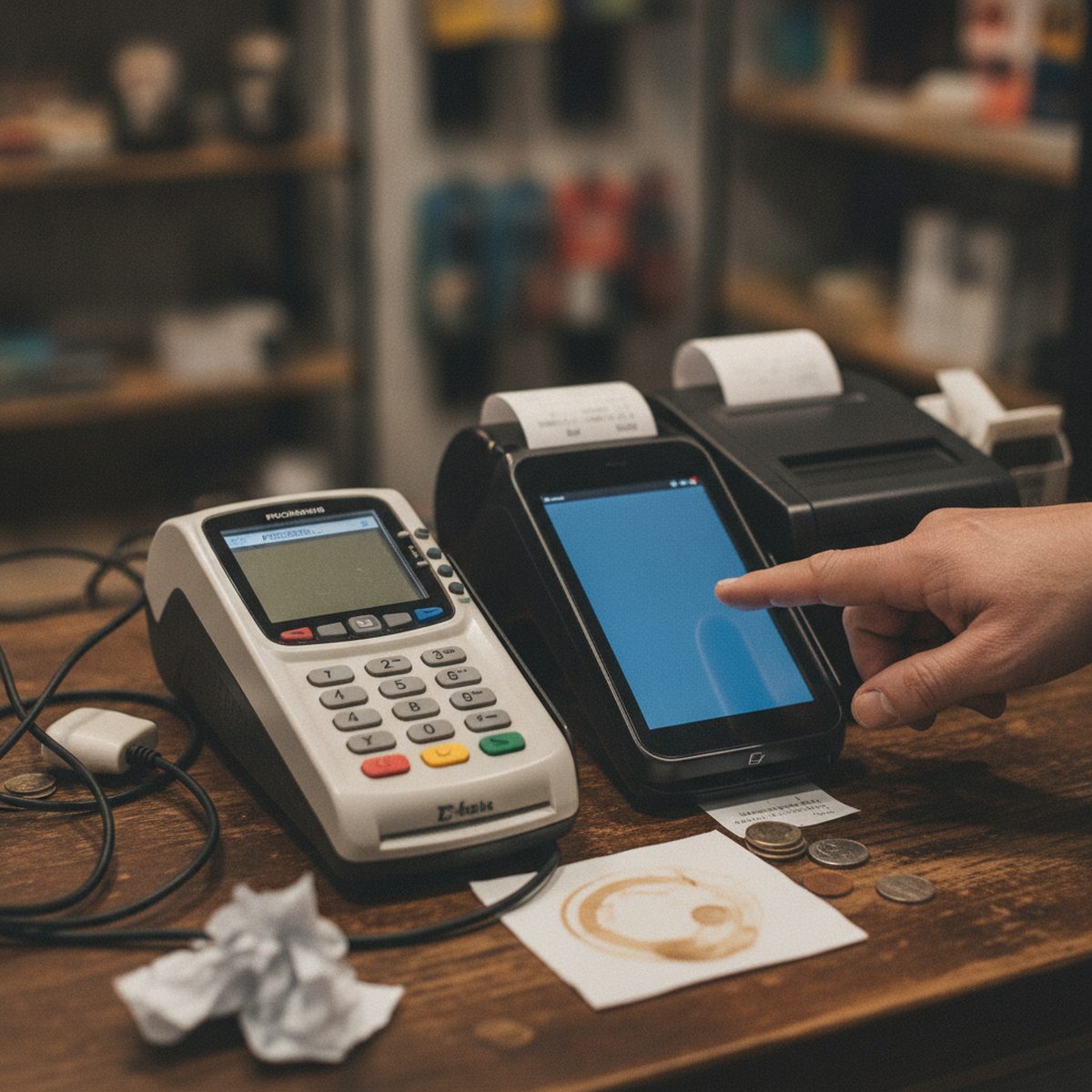 Two payment terminals set up side by side during a processor transition.