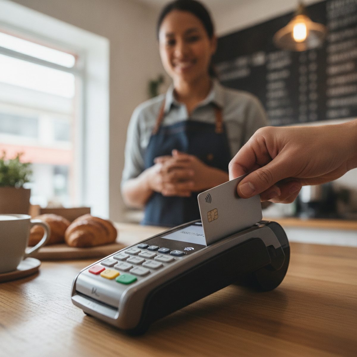 Close-up of a chip card being inserted into a payment terminal.