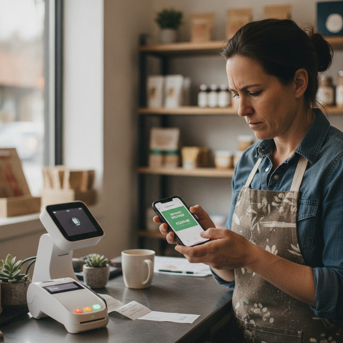 Business owner checking a deposit notification on a phone at the checkout counter.
