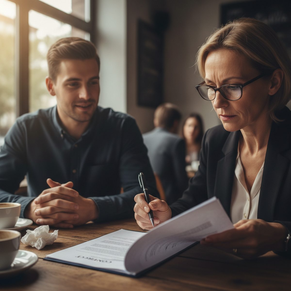 Business owner reviewing a processing contract before signing.