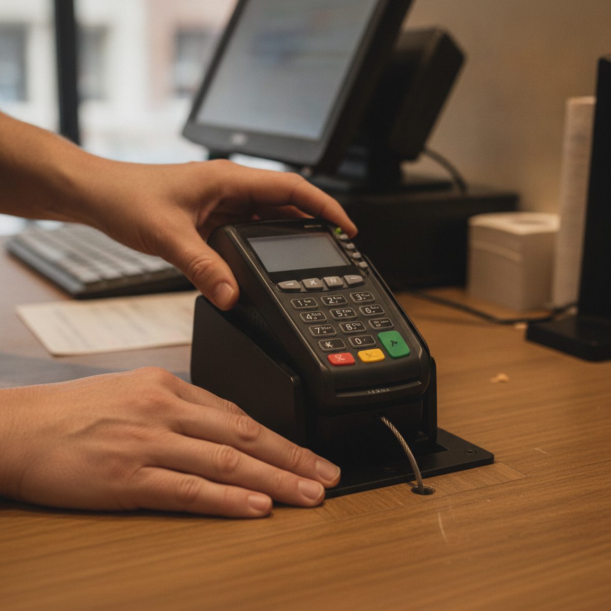 Hands setting up a secure payment terminal at a checkout counter.
