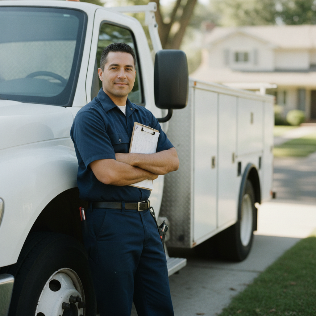 Field service technician standing beside a service truck