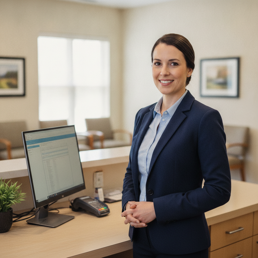 Clinic front-desk staff member at the checkout counter