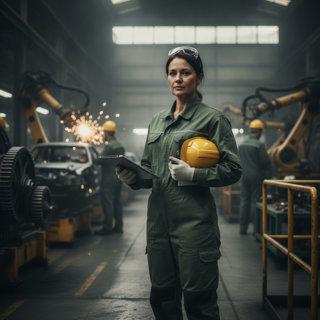 Production manager on the factory floor holding a tablet